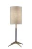 Antique Brass Metal Tripod Base With Matte Black Accent And Tall Natural Fabric Shade Table Lamp