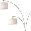74" Brass Three Light Arc Floor Lamp With Off White Fabric Drum Shade