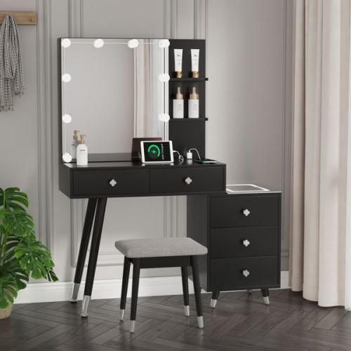 FCH Pitted Particle Board With Triamine Coating, Solid Wood Legs With Copper Sheath Decoration, 5 Drawers, 2-Layer Shelf, Mirror Cabinet With Str